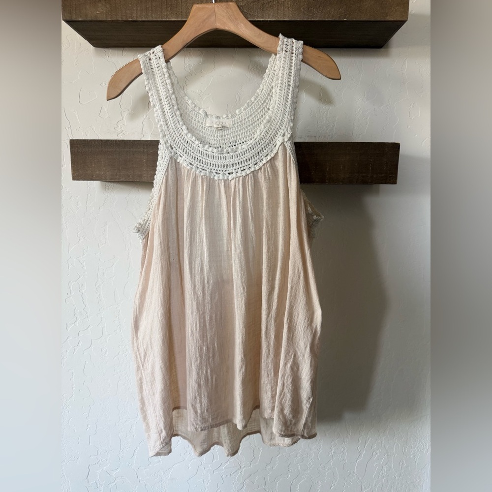 Crochet gauzy muslin tan beige tank,sleeveless beachy blouse•••neutral,LARGE
